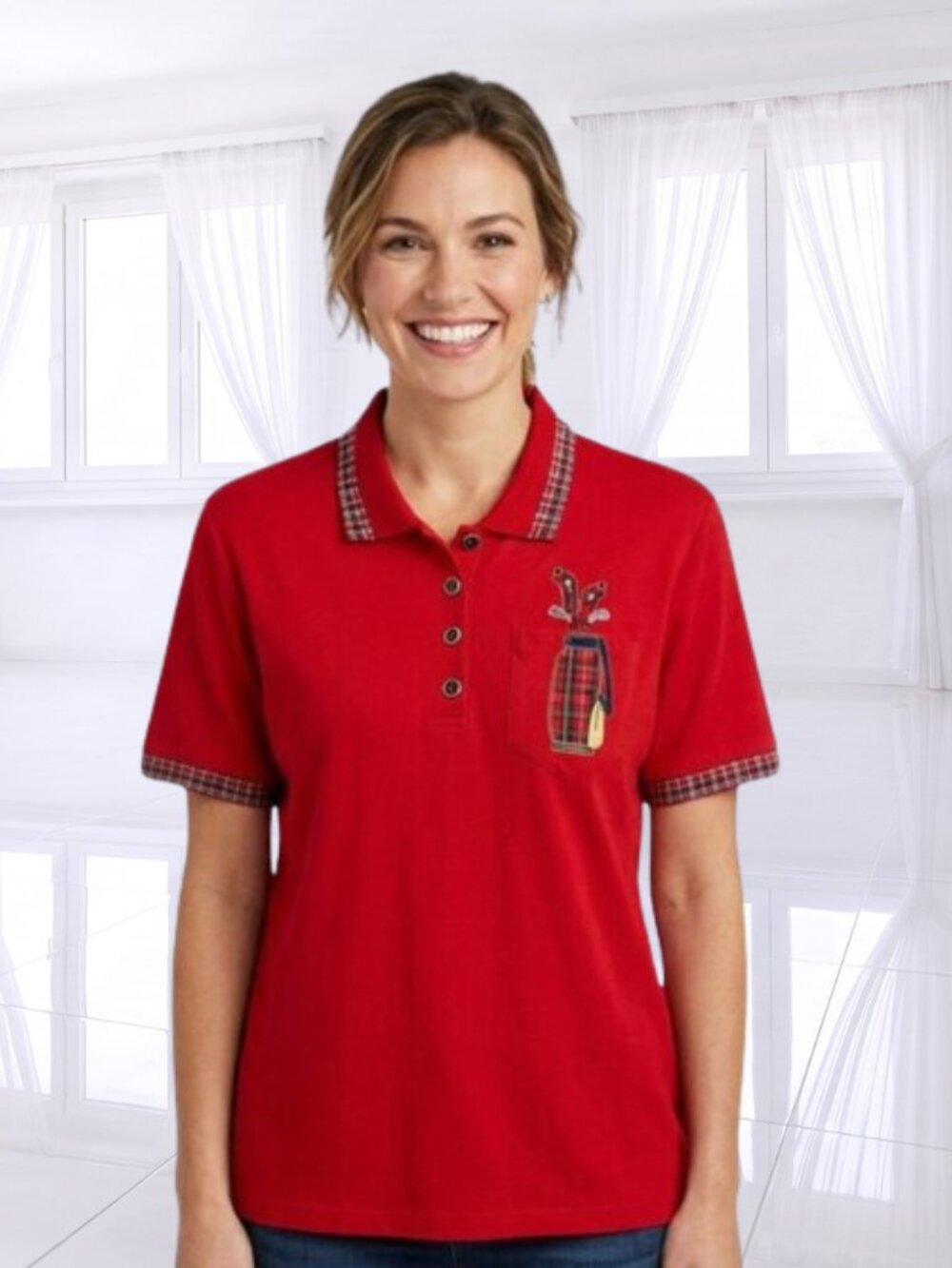 Coral Bay Golf Polo Shirt Large Red Plaid Trim Golfing Tee Top